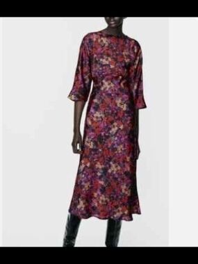 Zara Floral Midi Dress in Red and Purple Tones